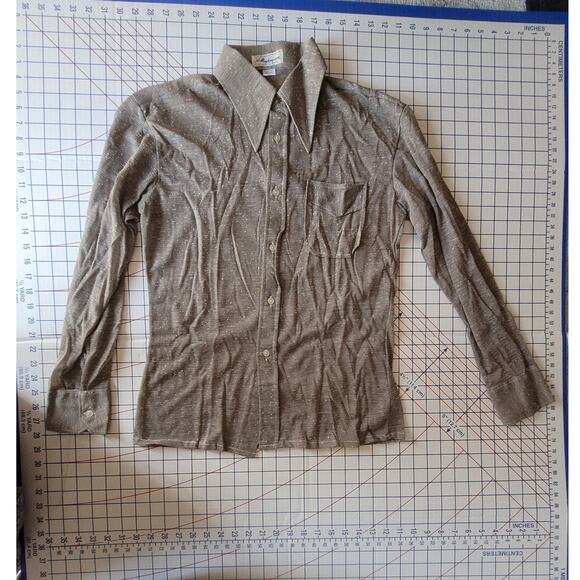 The May Company Vintage 70s Brown Silk Blend Sheer Collared Button Up Mens Shirt - Picture 5 of 15